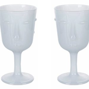 COPPIA CALICI 300 ML IN VETRO BIANCO CON DECORO VISO FACCIALE